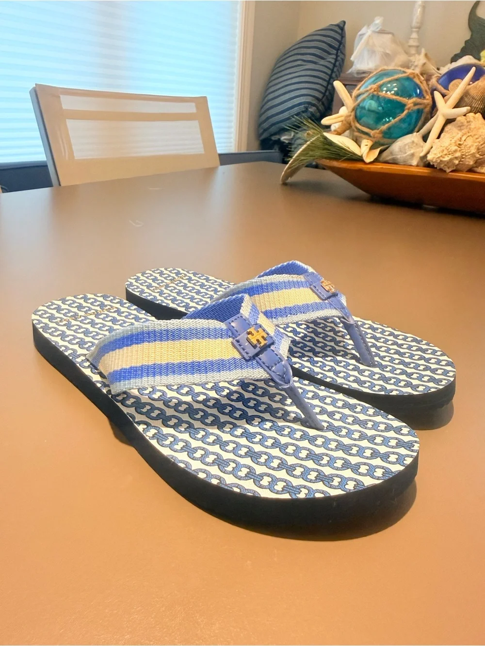 Tory Burch Gemini Link Stripe Fabric Flip Flop Blue White Size 8